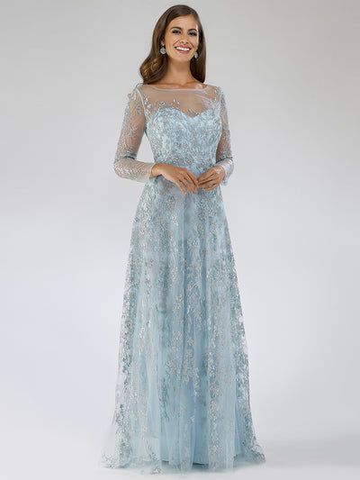 29677 - Flattering illusion neckline floral lace detailing party dress