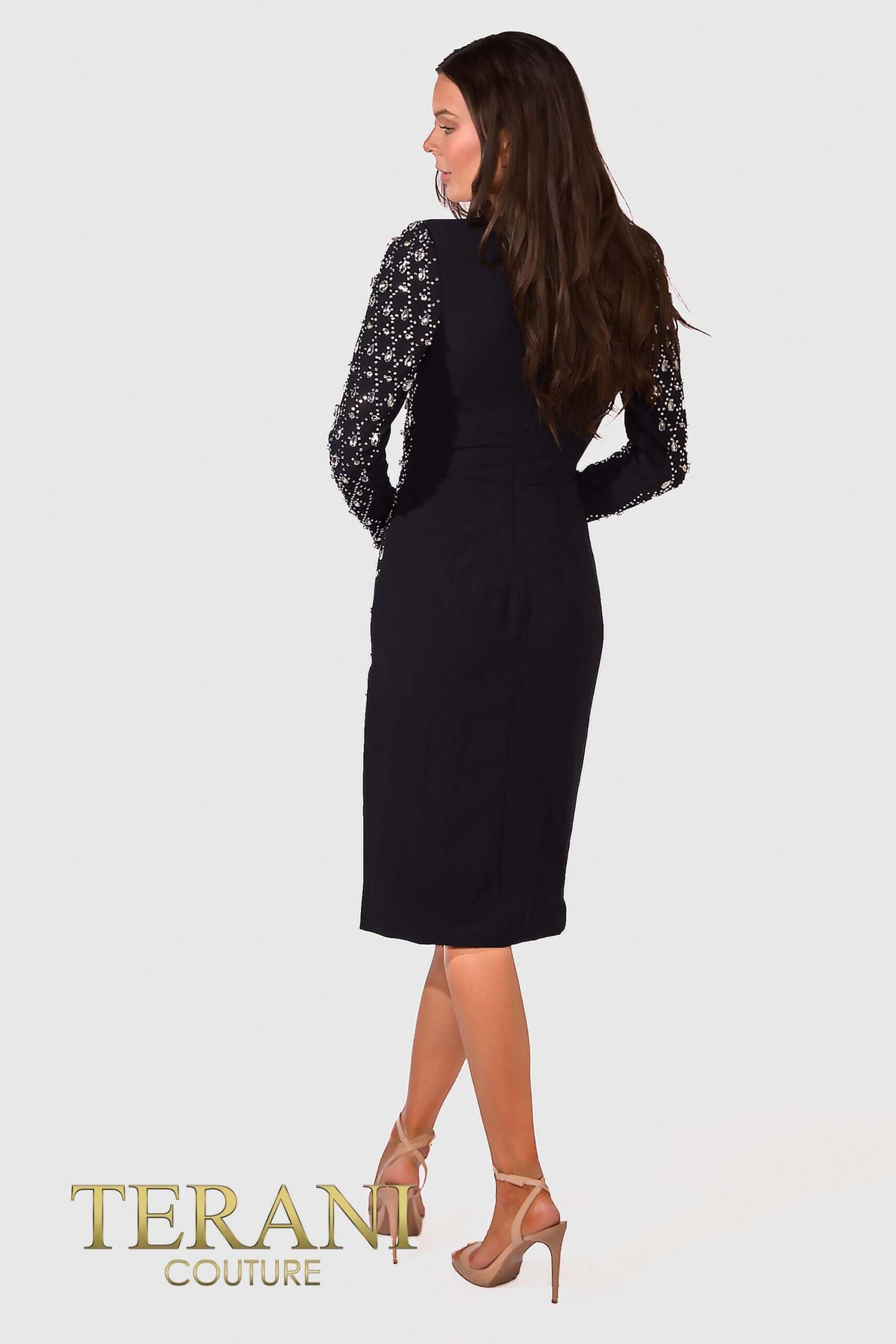 232C1139 TERANI Long Sleeves Crepe Bodycon Navy Evening Dress