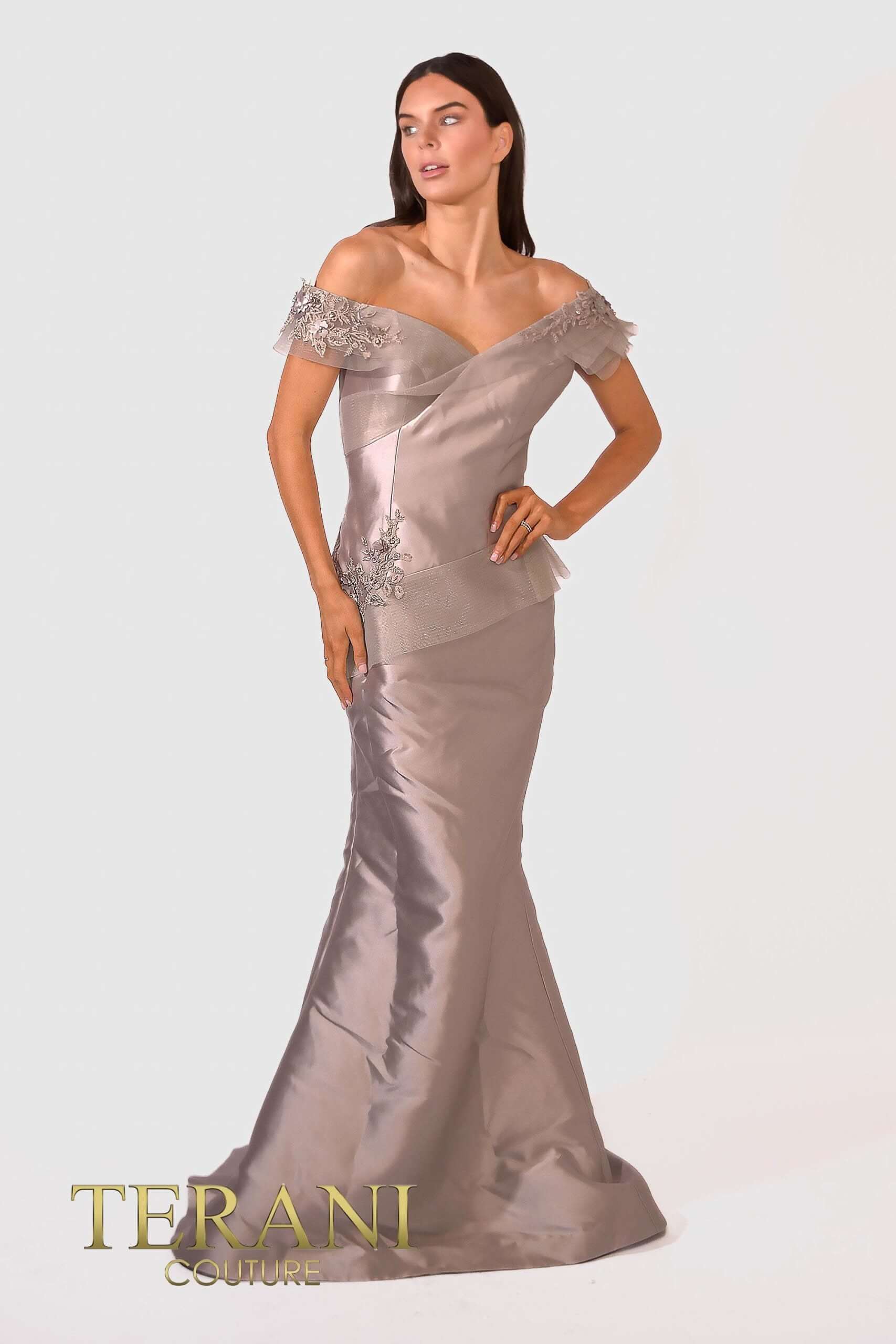 241E2478 TERANI Off-Shoulder Trumpet Embroidered Mikado Column Evening Dress