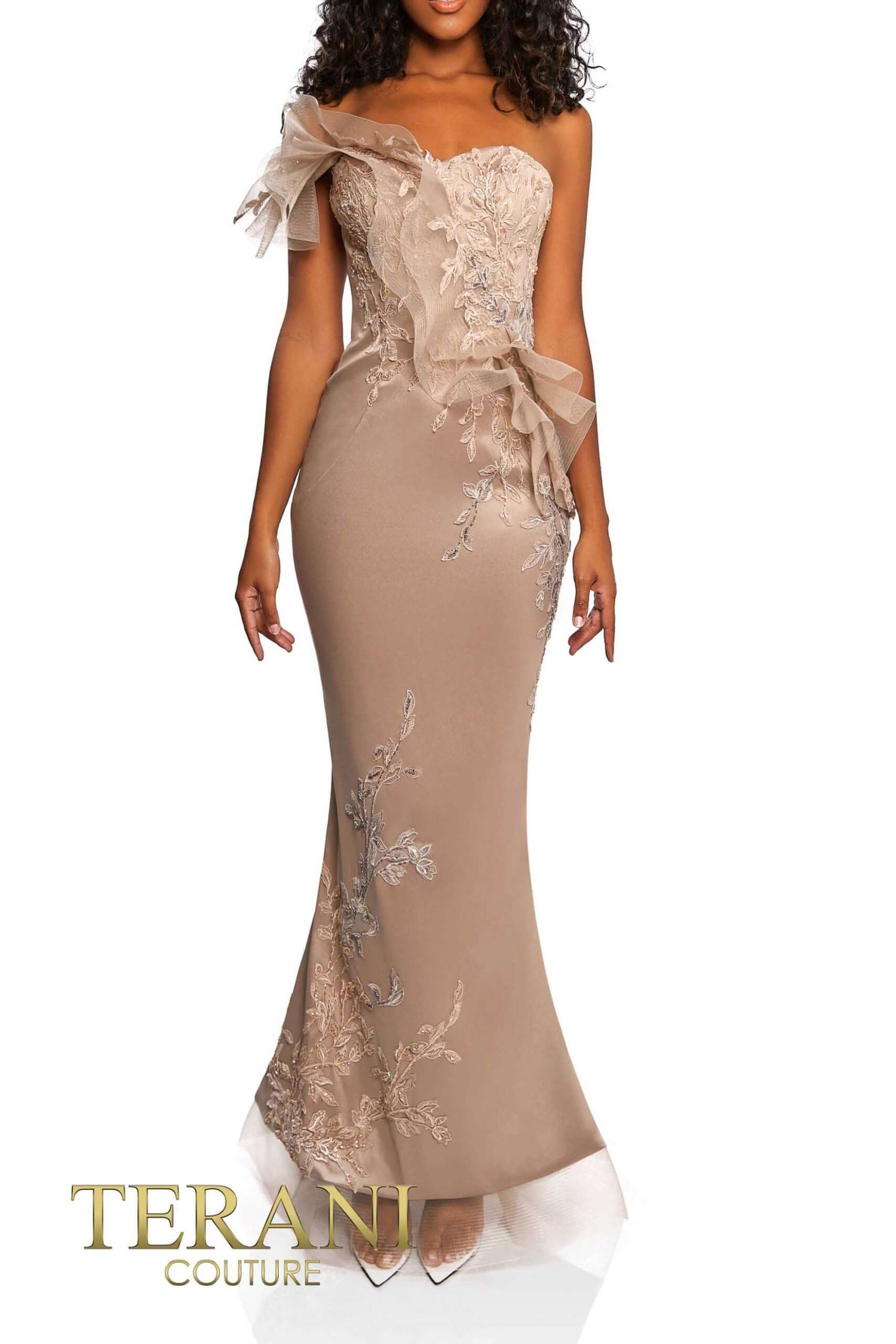 241E2485 TERANI Asymmetrical Embroidered Off-Shoulder Trumpet Column Evening Dress