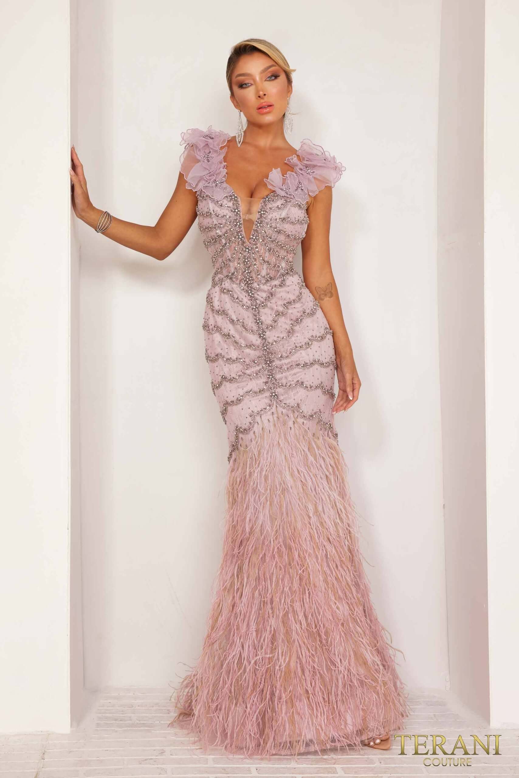 241GL2630 TERANI Trumpet Plunging Neck Tulle Lilac Column Evening Dress