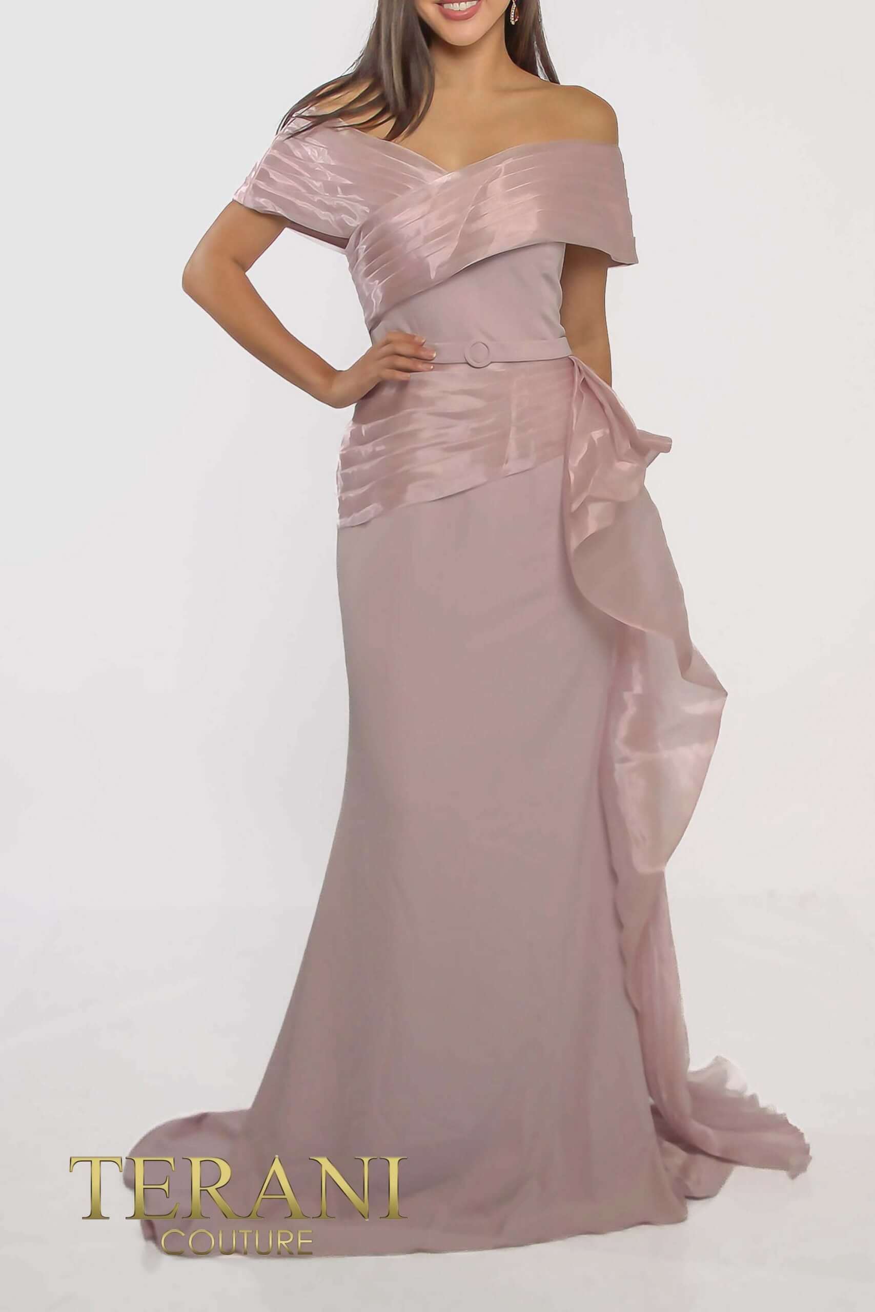 241M2703 TERANI A-Line Off-Shoulder Chiffon Mink Column Evening Dress