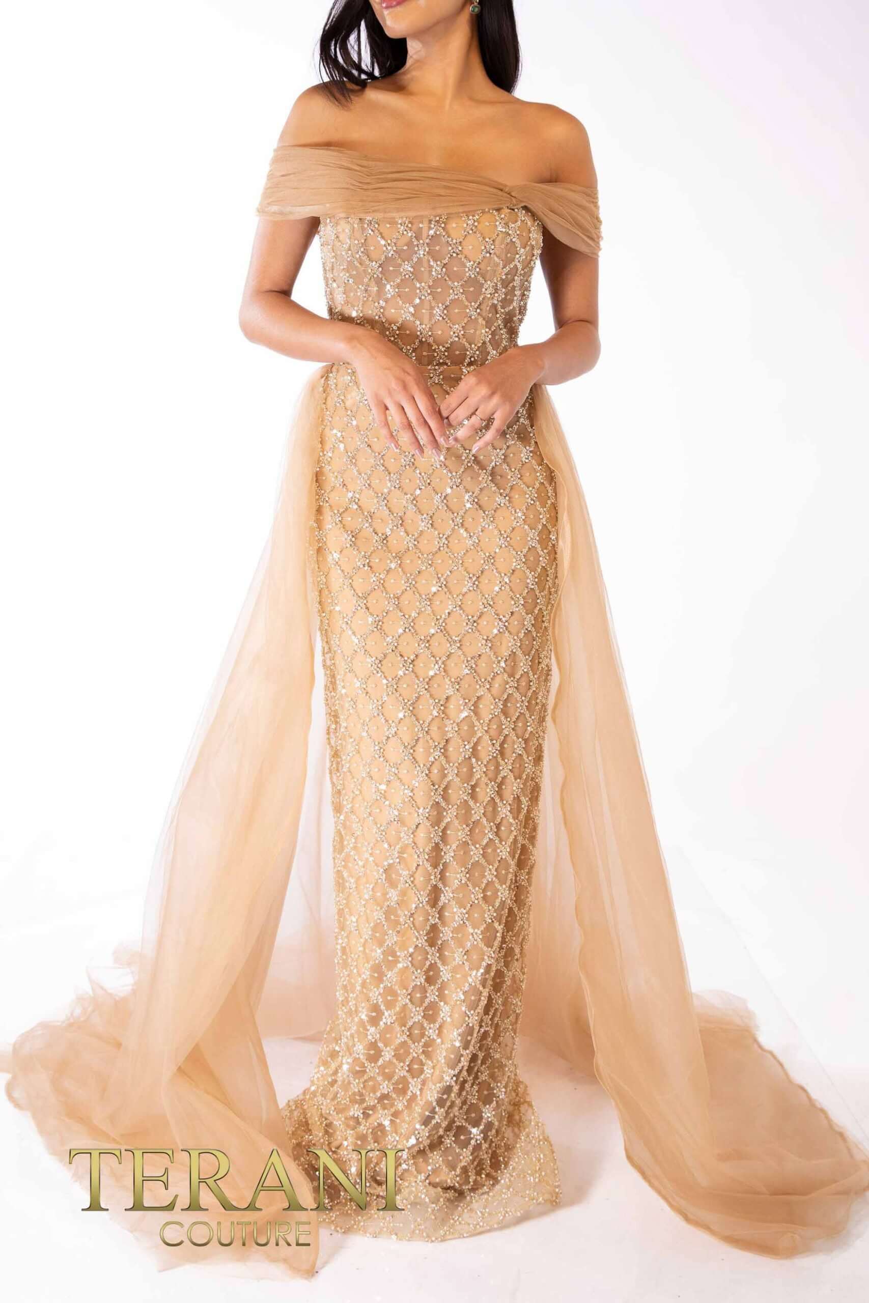 241M2706 TERANI V-Line Off-Shoulder Beaded Tulle Champagne Column Evening Dress