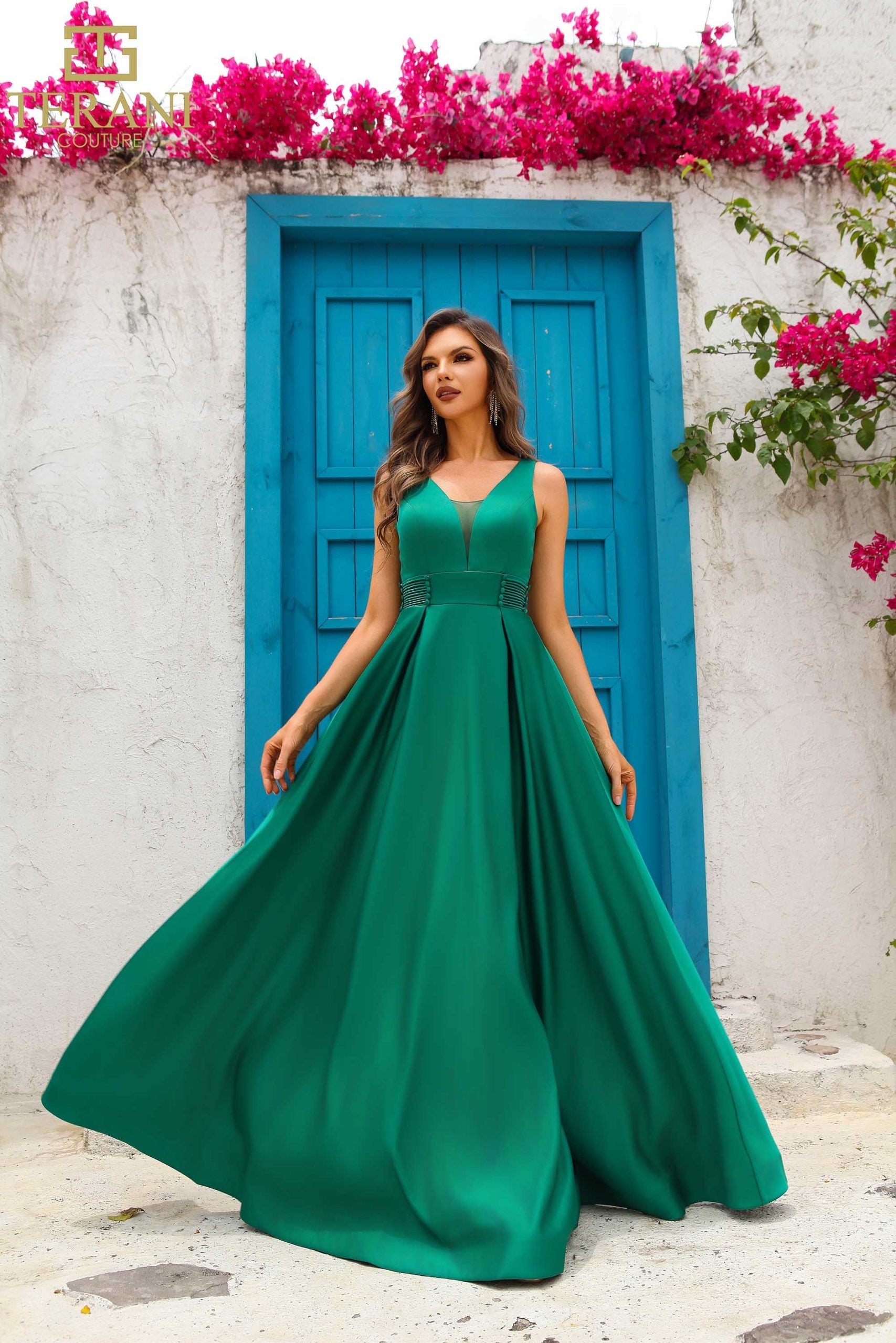 251P4113 TERANI V-Neck Sleeveless Satin A-Line Ballgown