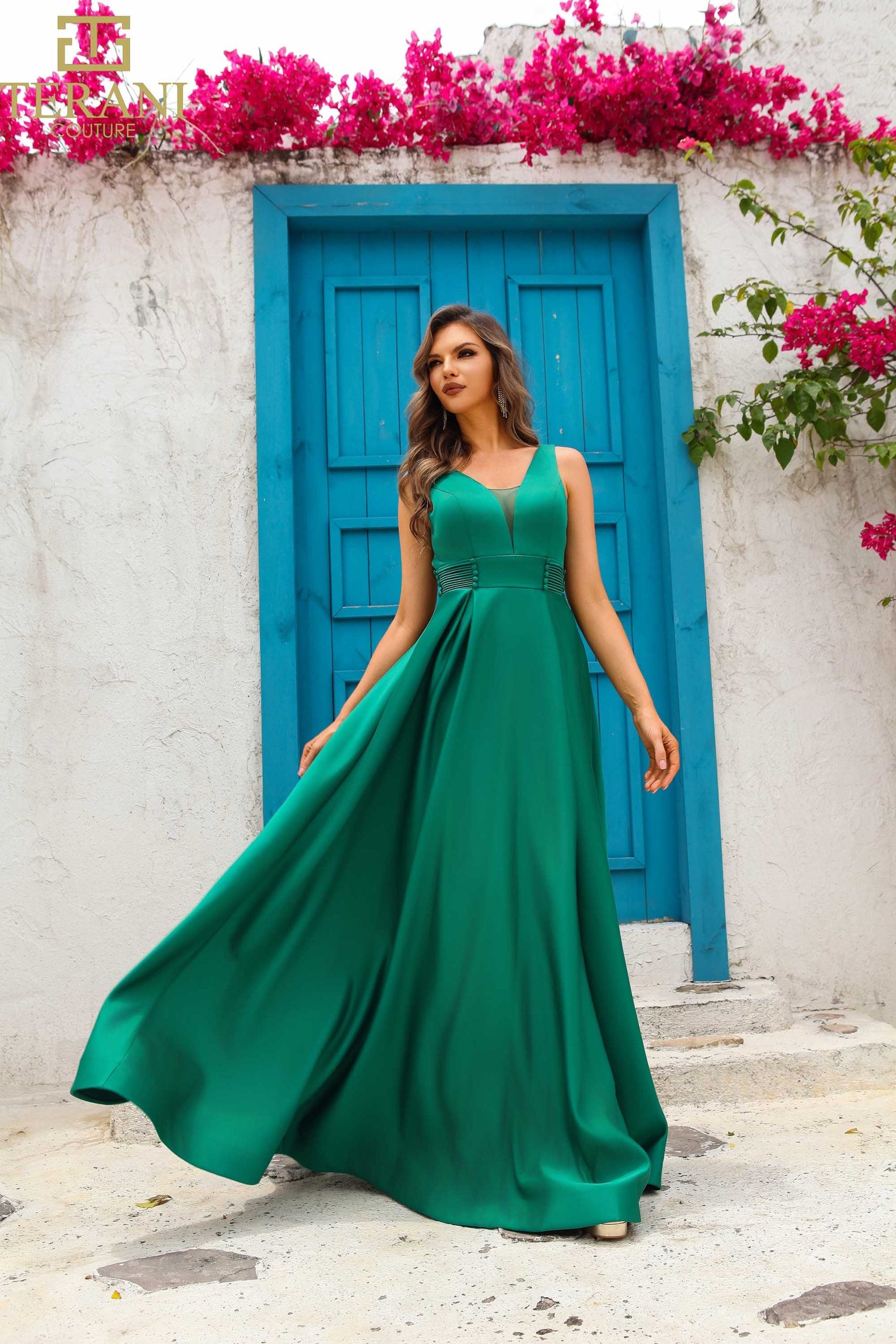 251P4113 TERANI V-Neck Sleeveless Satin A-Line Ballgown