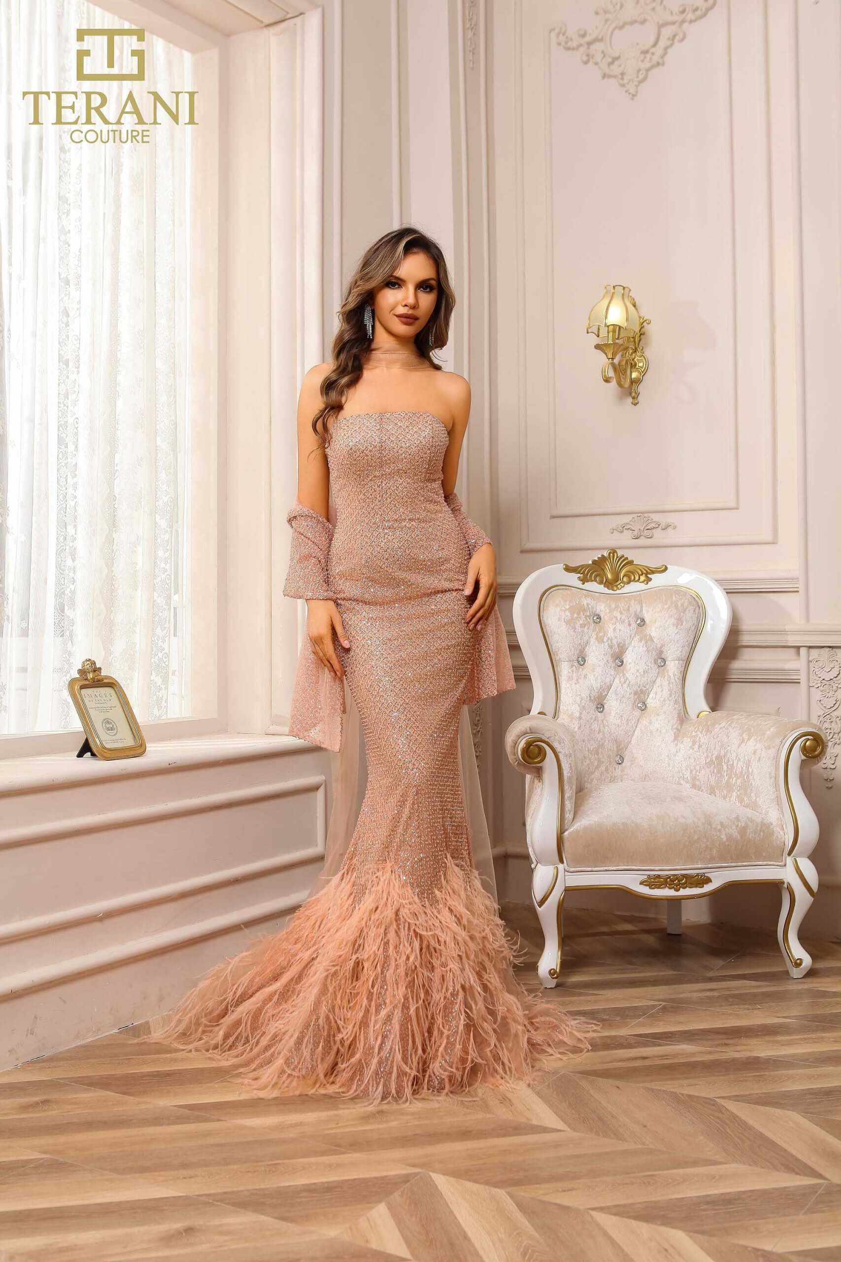 251P4303 TERANI Strapless Beaded Tulle Mermaid Prom Dress