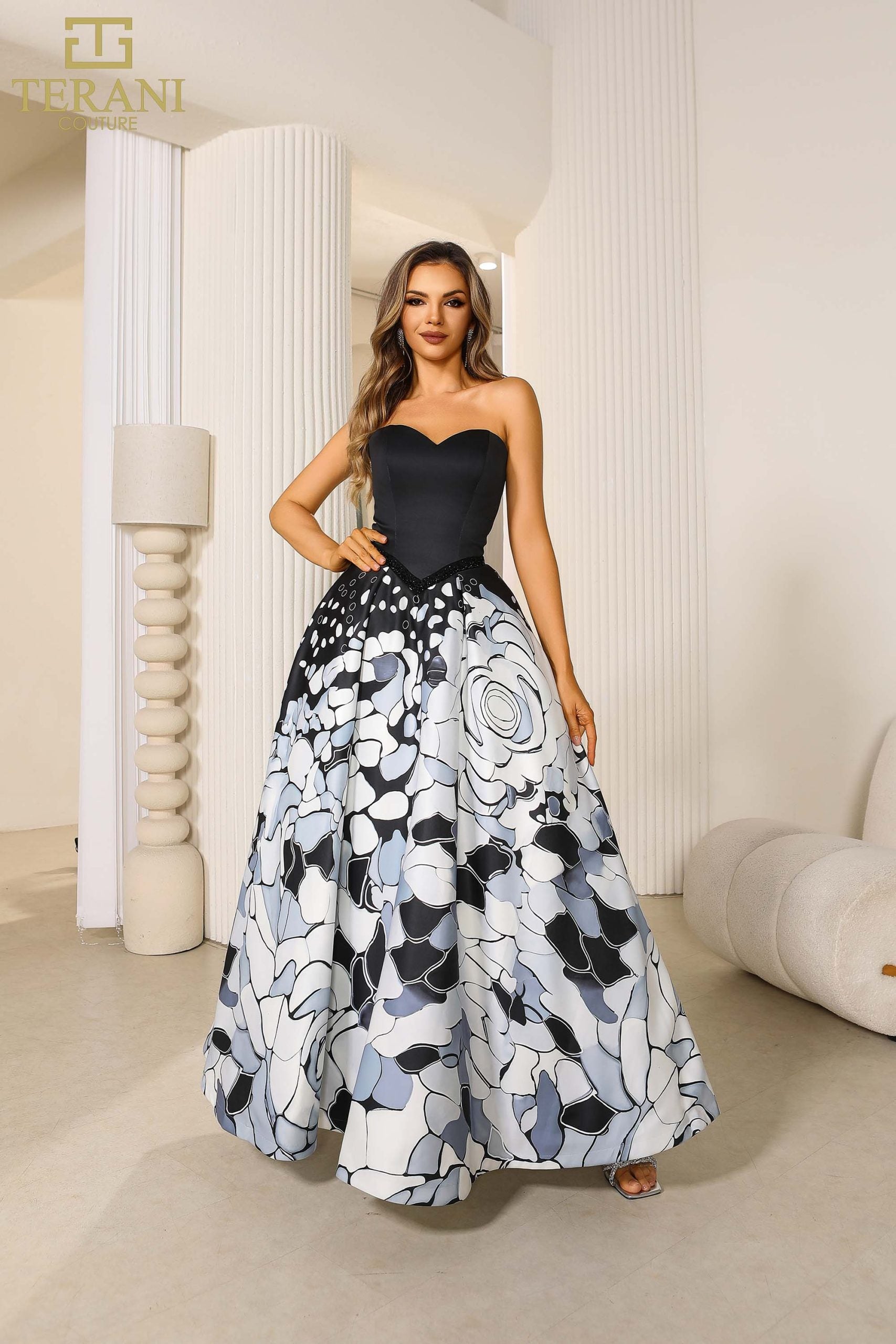 251P4373 TERANI Print Mikado Sleeveless Long Ballgown Prom Dress