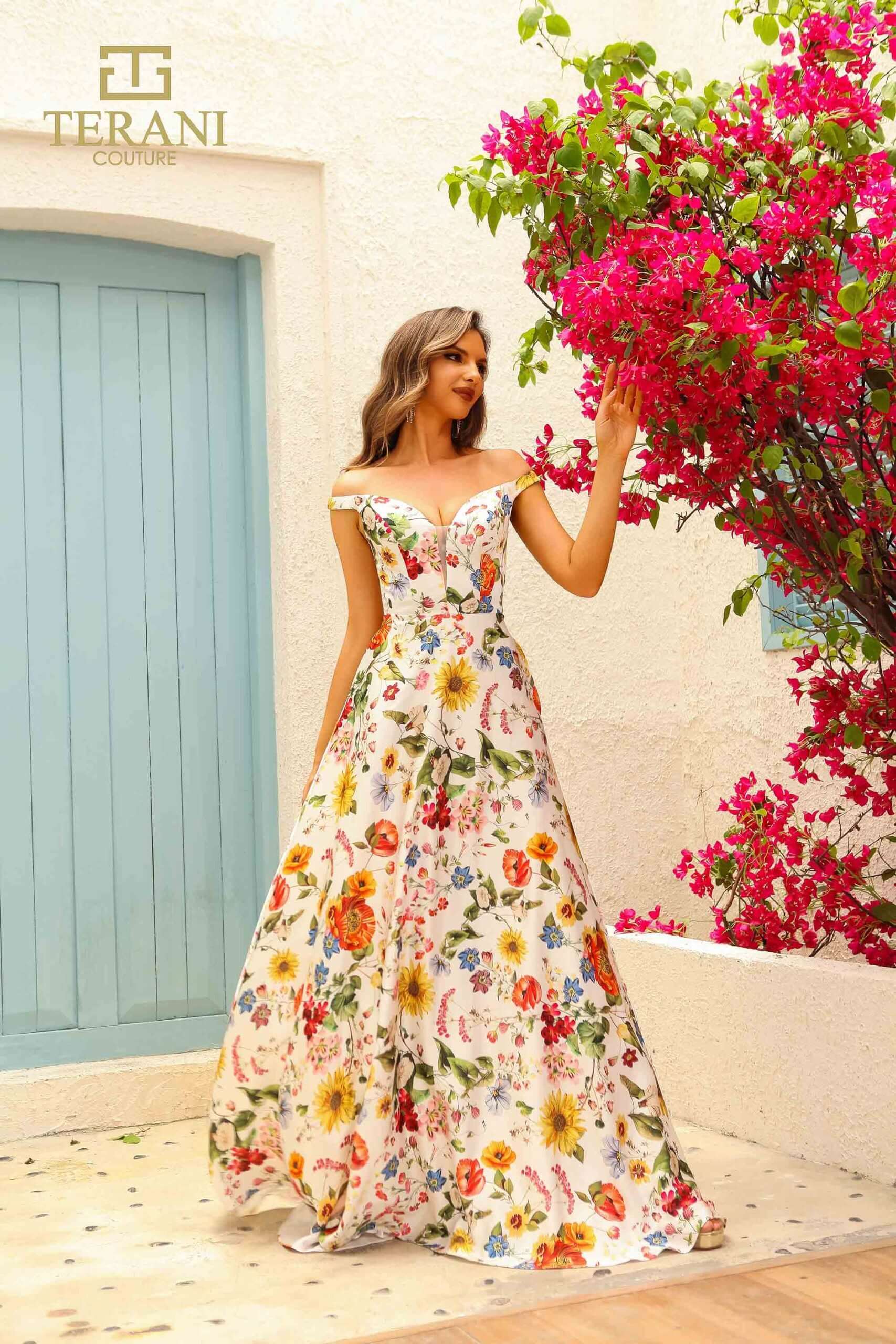 251P4375 TERANI Sweetheart Printed Satin A-Line Prom Dress