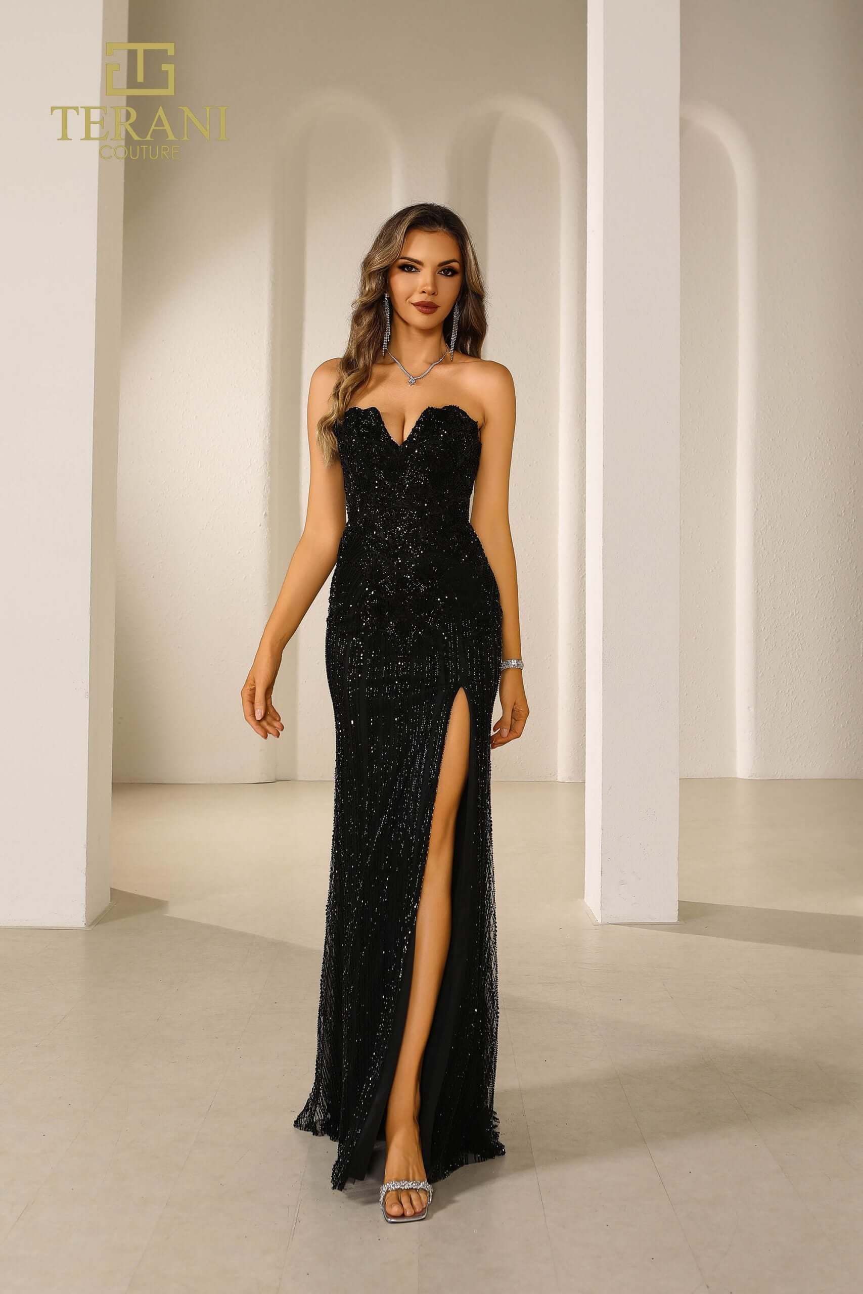 251P4574 TERANI Fit And Flare Strapless Side Slit Long Prom Dress