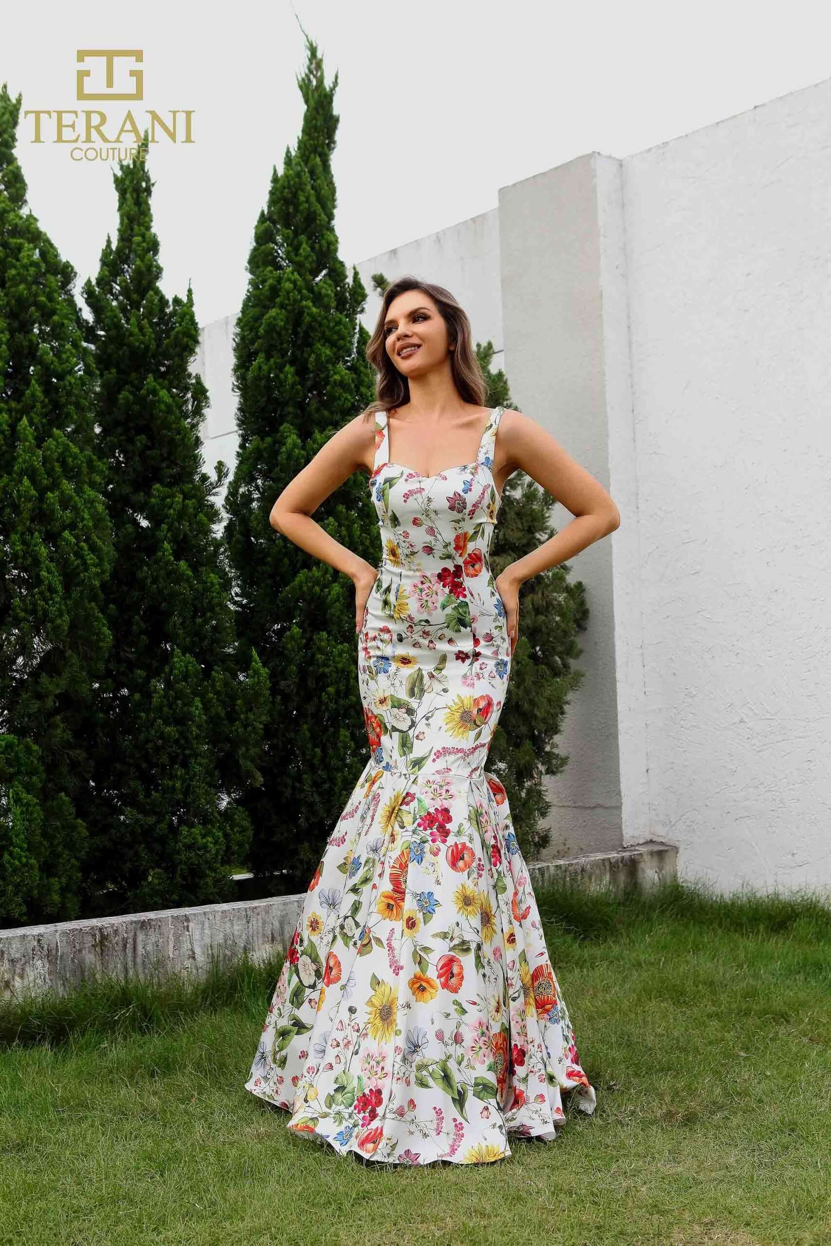 251P4378 TERANI Sweetheart Printed Satin Trumpet Prom Dress