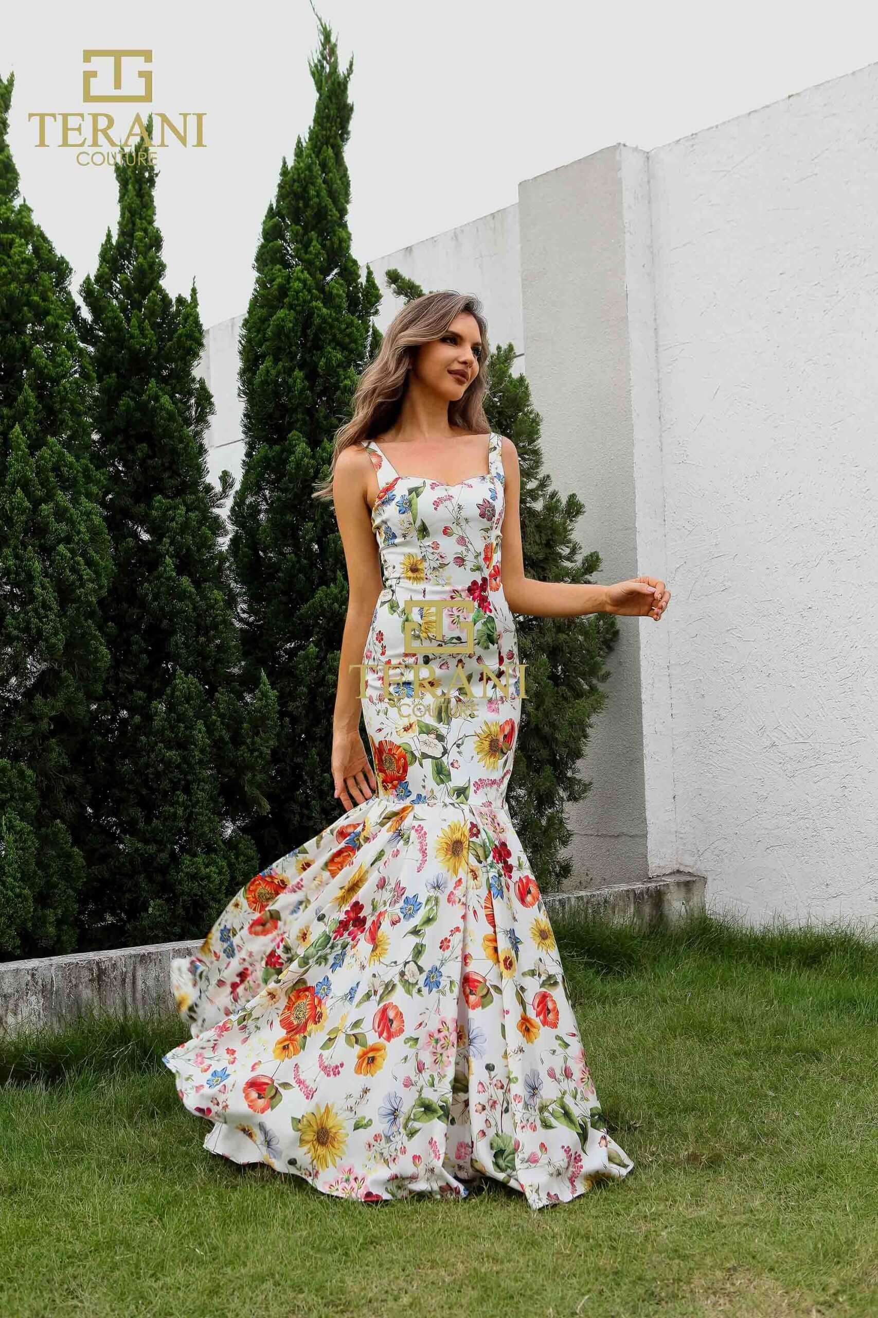 251P4378 TERANI Sweetheart Printed Satin Trumpet Prom Dress