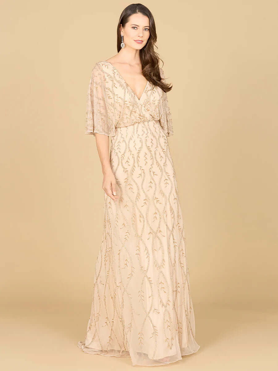 29319 - Illusion Cape Sleeve Beaded Gown