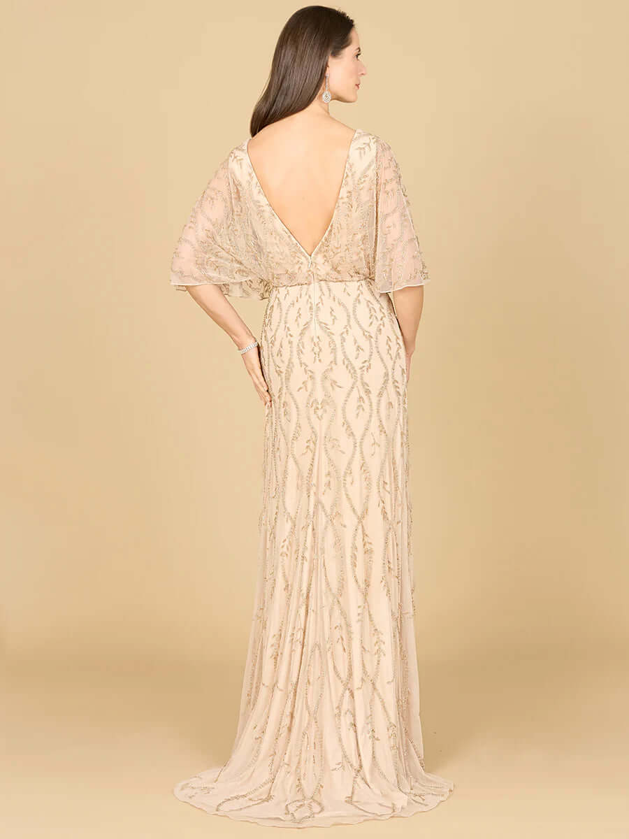 29319 - Illusion Cape Sleeve Beaded Gown