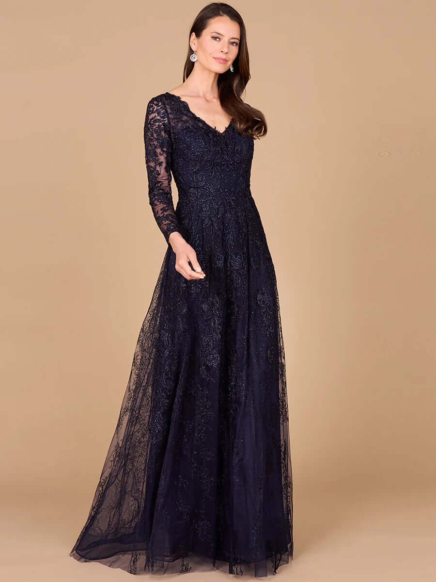 29326 - Long Sleeve V-Neck Lace Gown