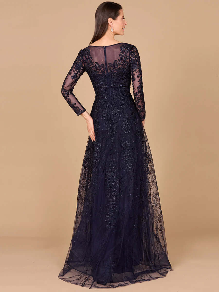 29326 - Long Sleeve V-Neck Lace Gown