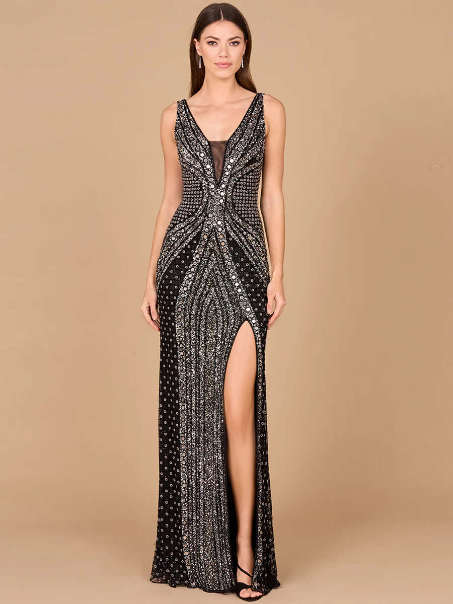 29499 - Embellished Long Dress with Thigh High Slit