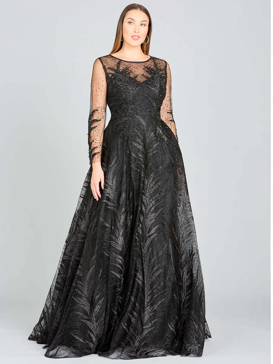 29761 - High Neck Sheer Long Sleeve Embellished Gown