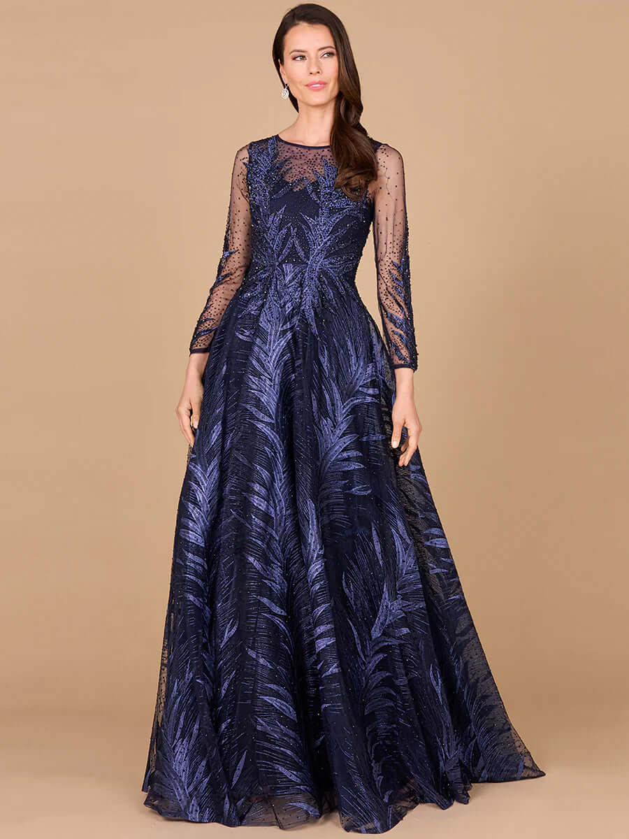 29761 - High Neck Sheer Long Sleeve Embellished Gown