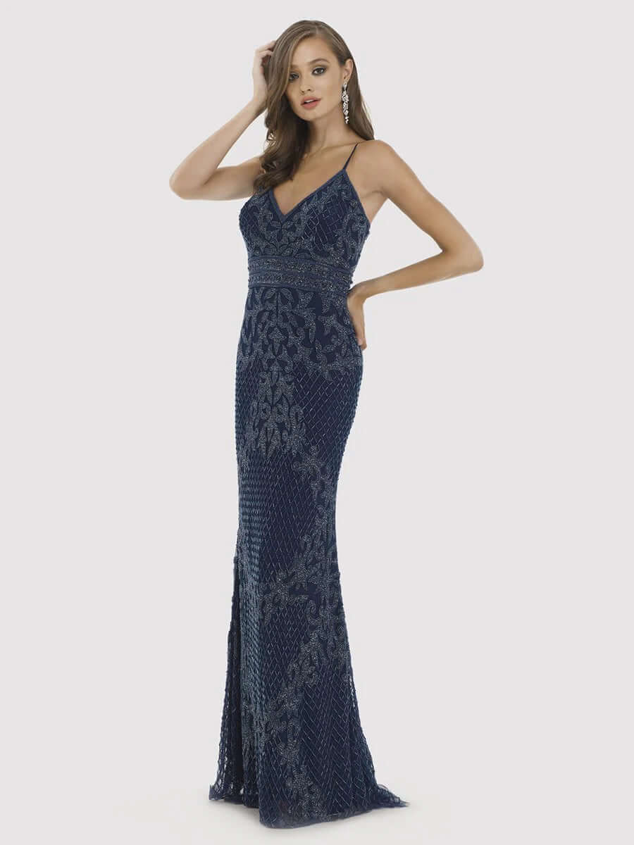 29904 - Body Con V-neck Beaded Dress