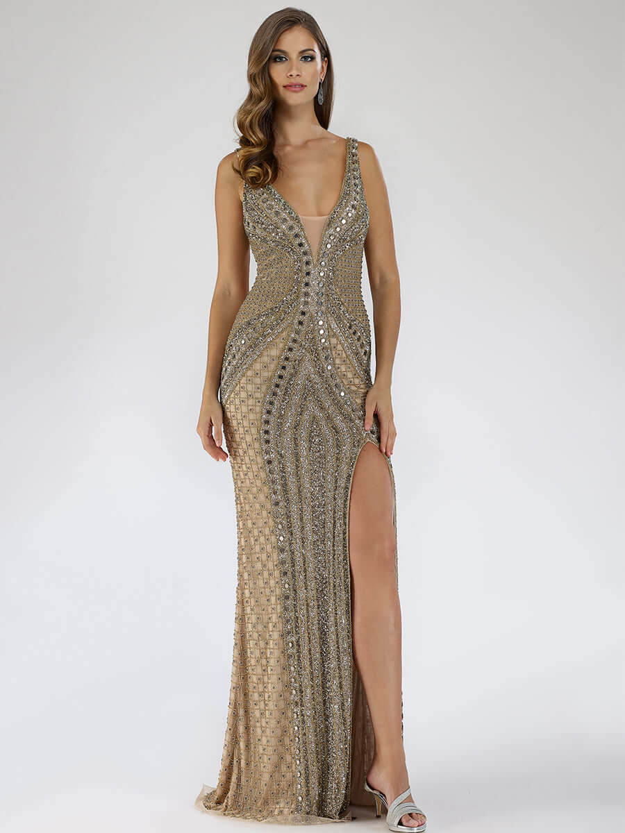 29499 - Embellished Long Dress with Thigh High Slit