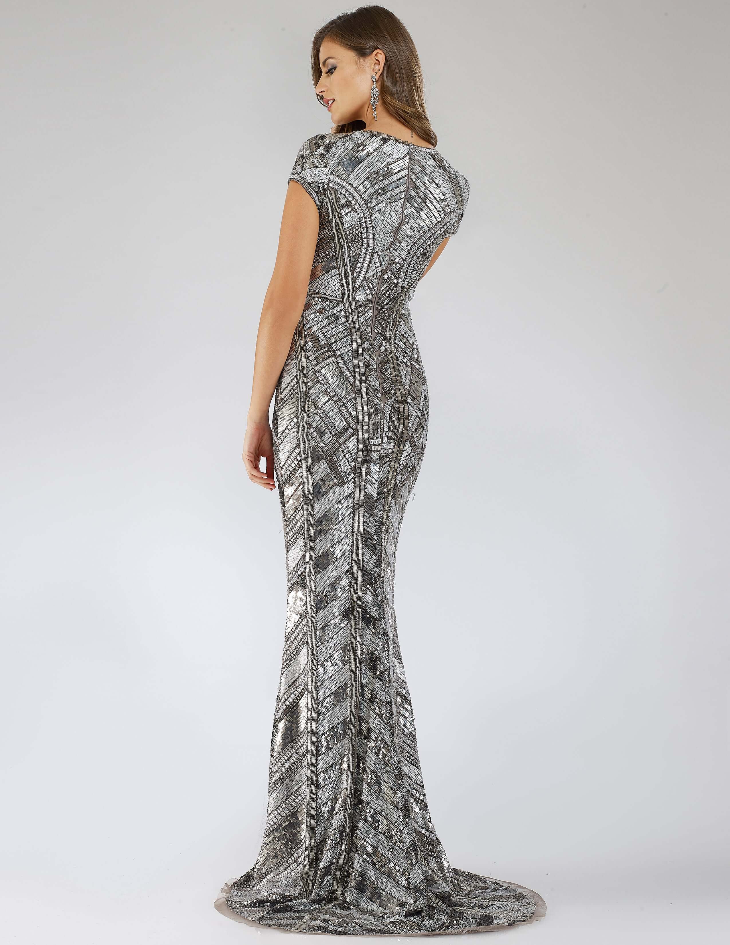 29540 - Body Con Beaded Silver Dress