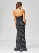 SAMINA MUGHAL Luxxe SML29371 Halter Neck Beaded Gown With Slit Black