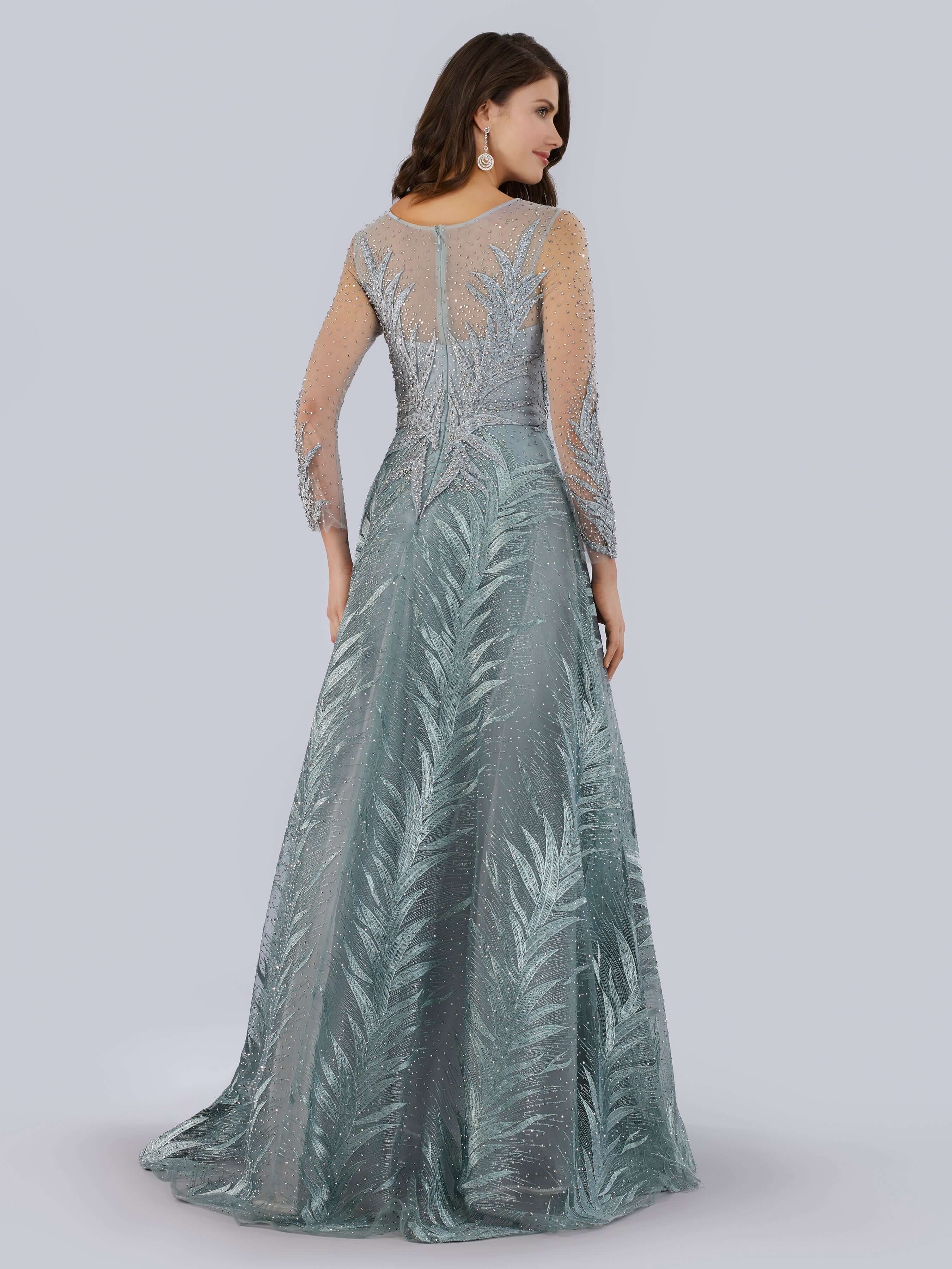 29761 - High Neck Sheer Long Sleeve Embellished Gown