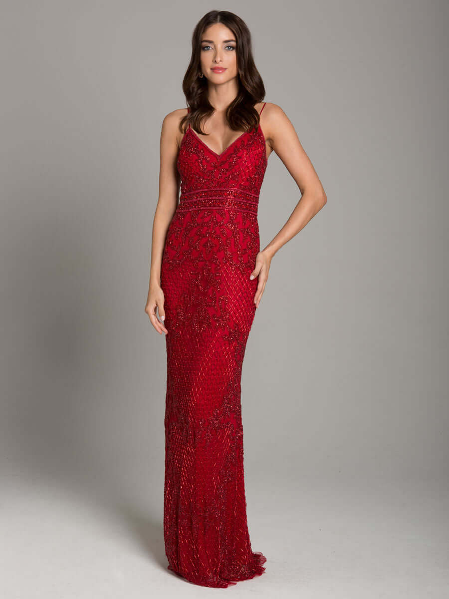 29904 - Body Con V-neck Beaded Dress