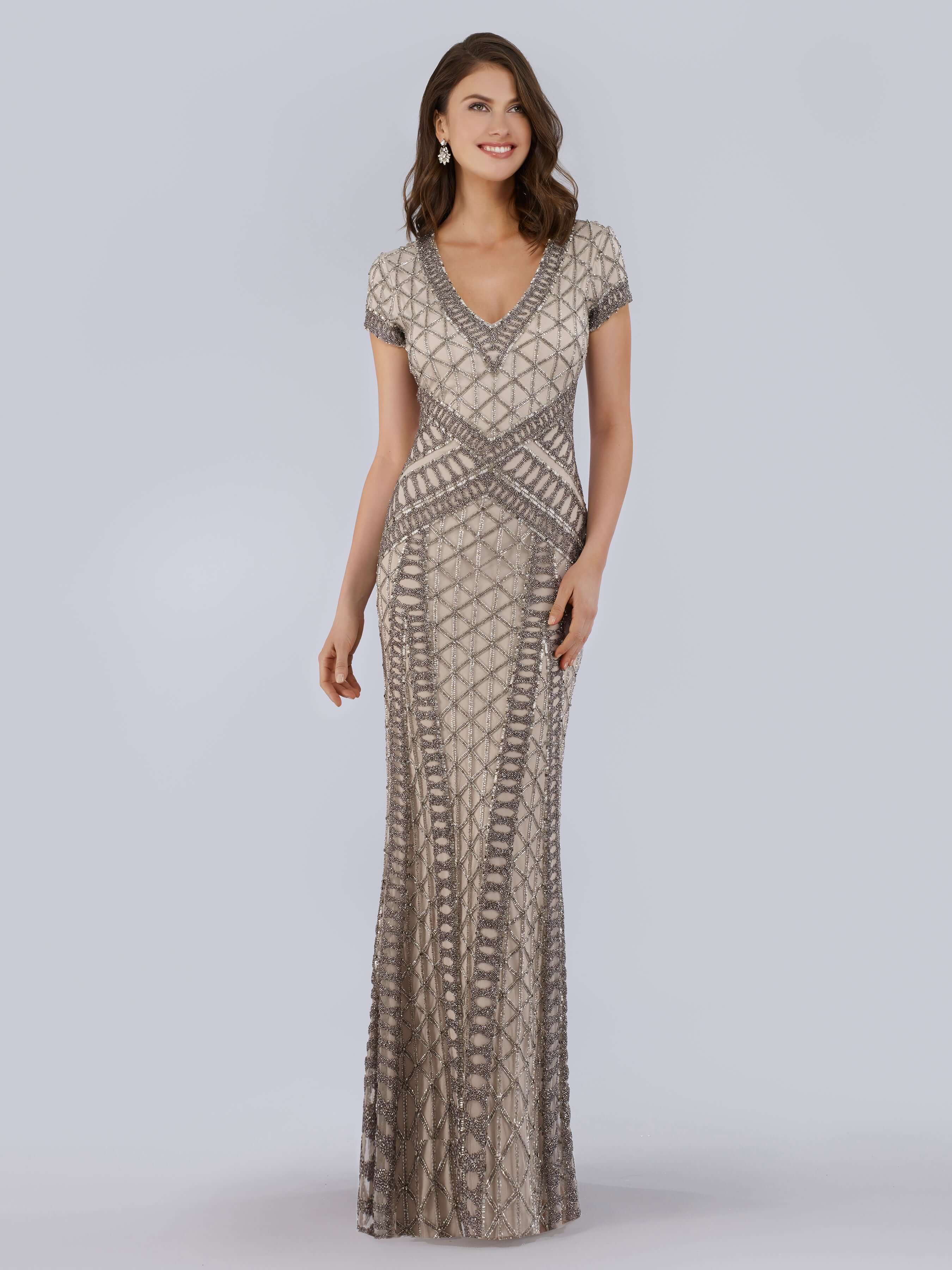 29746 - Beaded V-Neckline Dress with Cap Sleeves